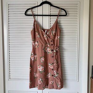 Floral wrap button down short dress / tie waist sundress / blush rose / Size S